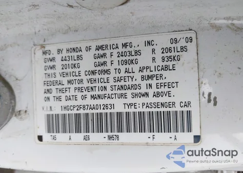 2010 Honda Accord 2.4 Ex-L z USA, uszkodzony, nr VIN 1HGCP2F87AA012631